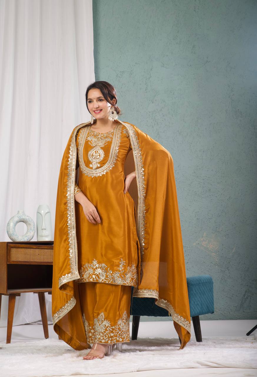 Stunning Yellow Color Pure Heavy Chinon Silk With Heavy Embroidery Coding Sequence Work Salwar Suit