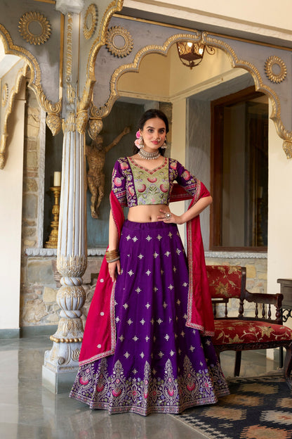 Sangeet Wear Purple Color Vichitra Silk With Sequins And Thread Embroidery Work Designer Lehenga Choli