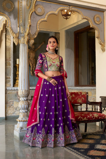 Sangeet Wear Purple Color Vichitra Silk With Sequins And Thread Embroidery Work Designer Lehenga Choli