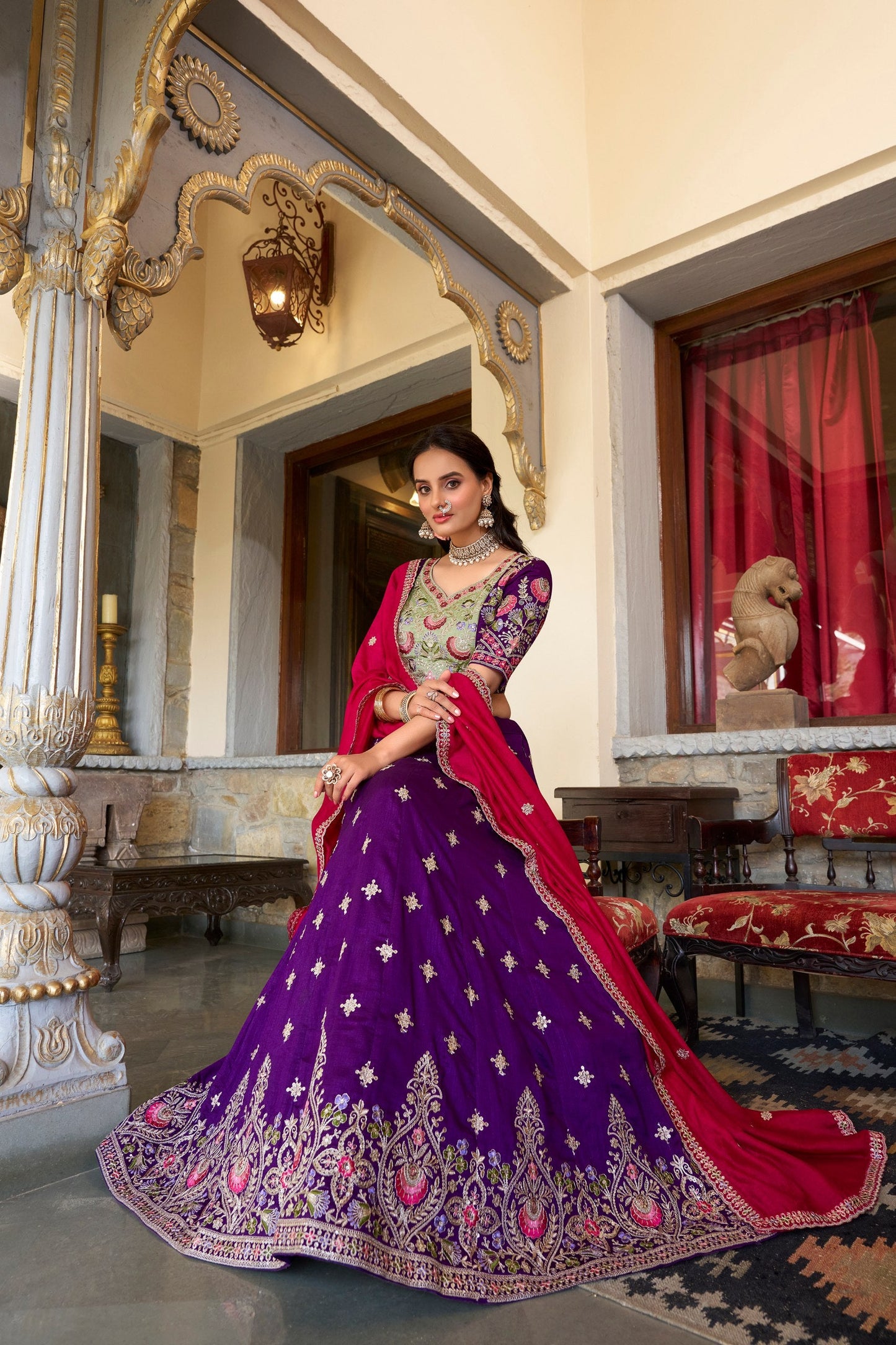 Sangeet Wear Purple Color Vichitra Silk With Sequins And Thread Embroidery Work Designer Lehenga Choli