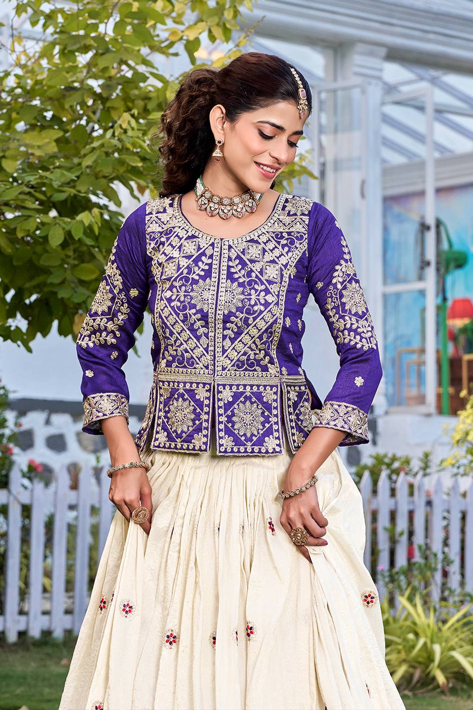 Glossy Blue Color Thread Embroidery Work Lehenga With Kurti