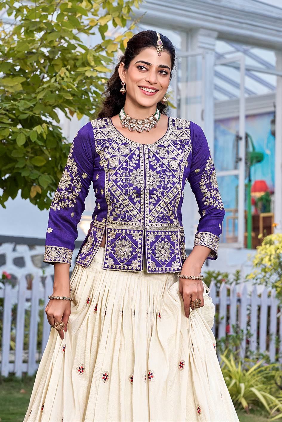 Glossy Blue Color Thread Embroidery Work Lehenga With Kurti