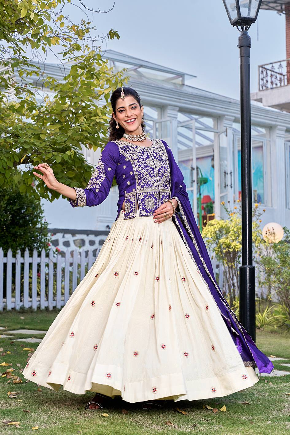 Glossy Blue Color Thread Embroidery Work Lehenga With Kurti