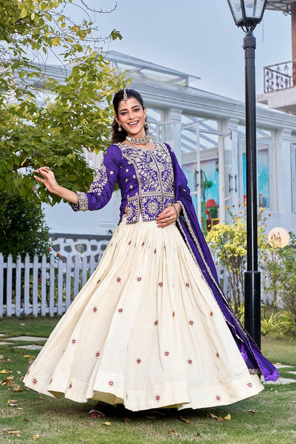 Glossy Blue Color Thread Embroidery Work Lehenga With Kurti