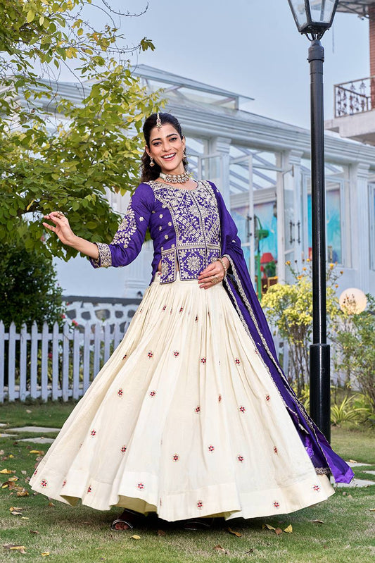 Glossy Blue Color Thread Embroidery Work Lehenga With Kurti