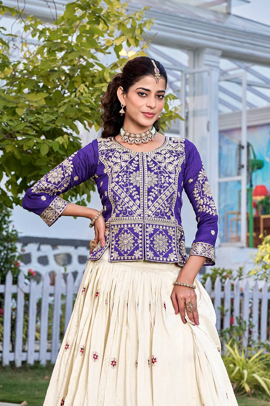 Glossy Blue Color Thread Embroidery Work Lehenga With Kurti