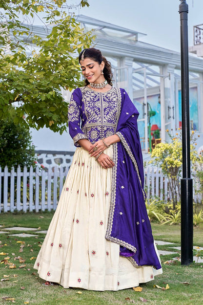 Glossy Blue Color Thread Embroidery Work Lehenga With Kurti