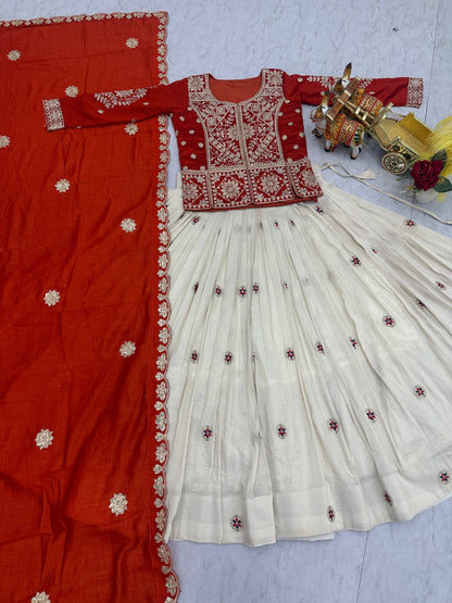 Elegant Orange Color Heavy Cording Sequence Lehenga With Kurti