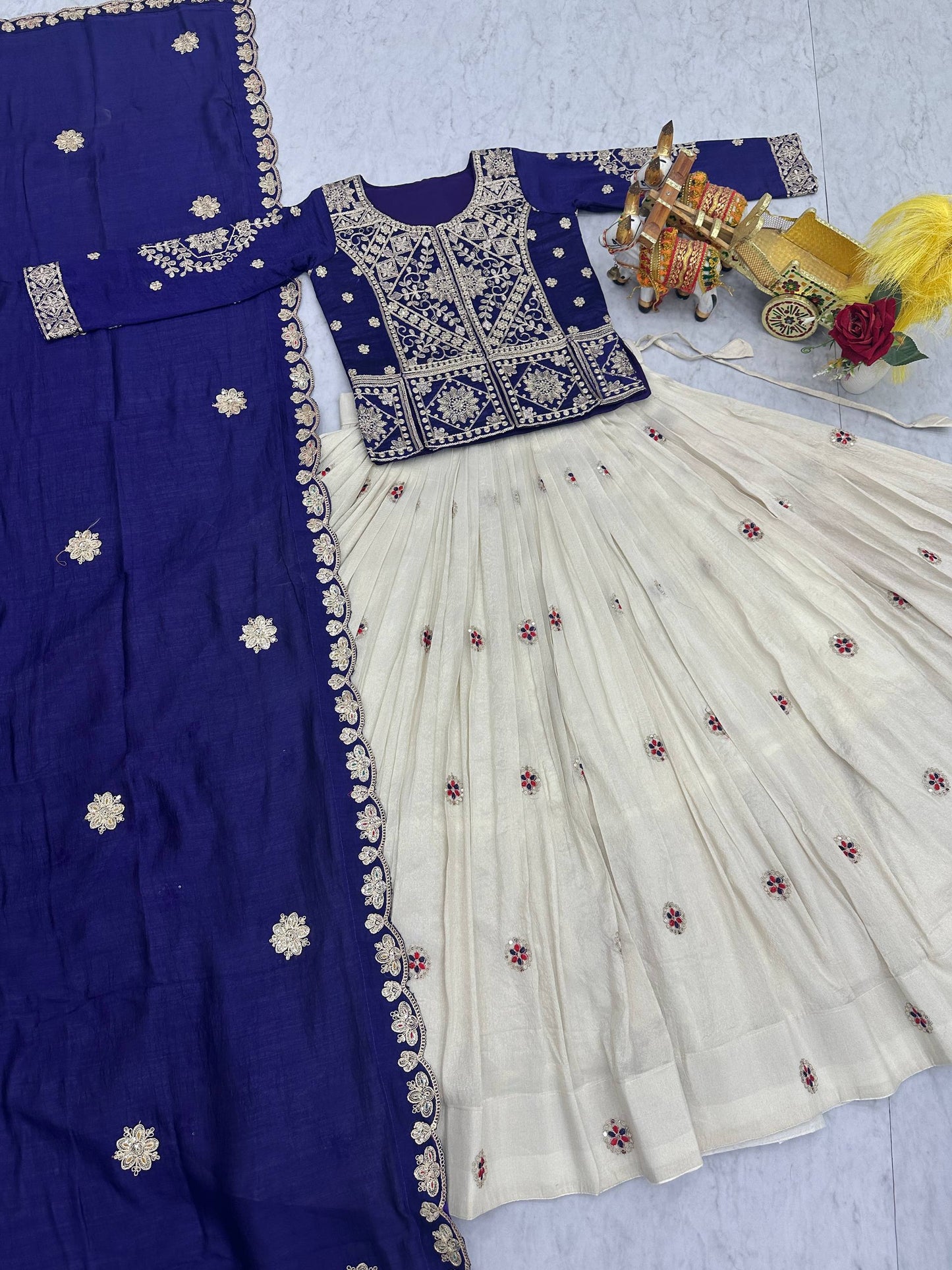 Glossy Blue Color Thread Embroidery Work Lehenga With Kurti