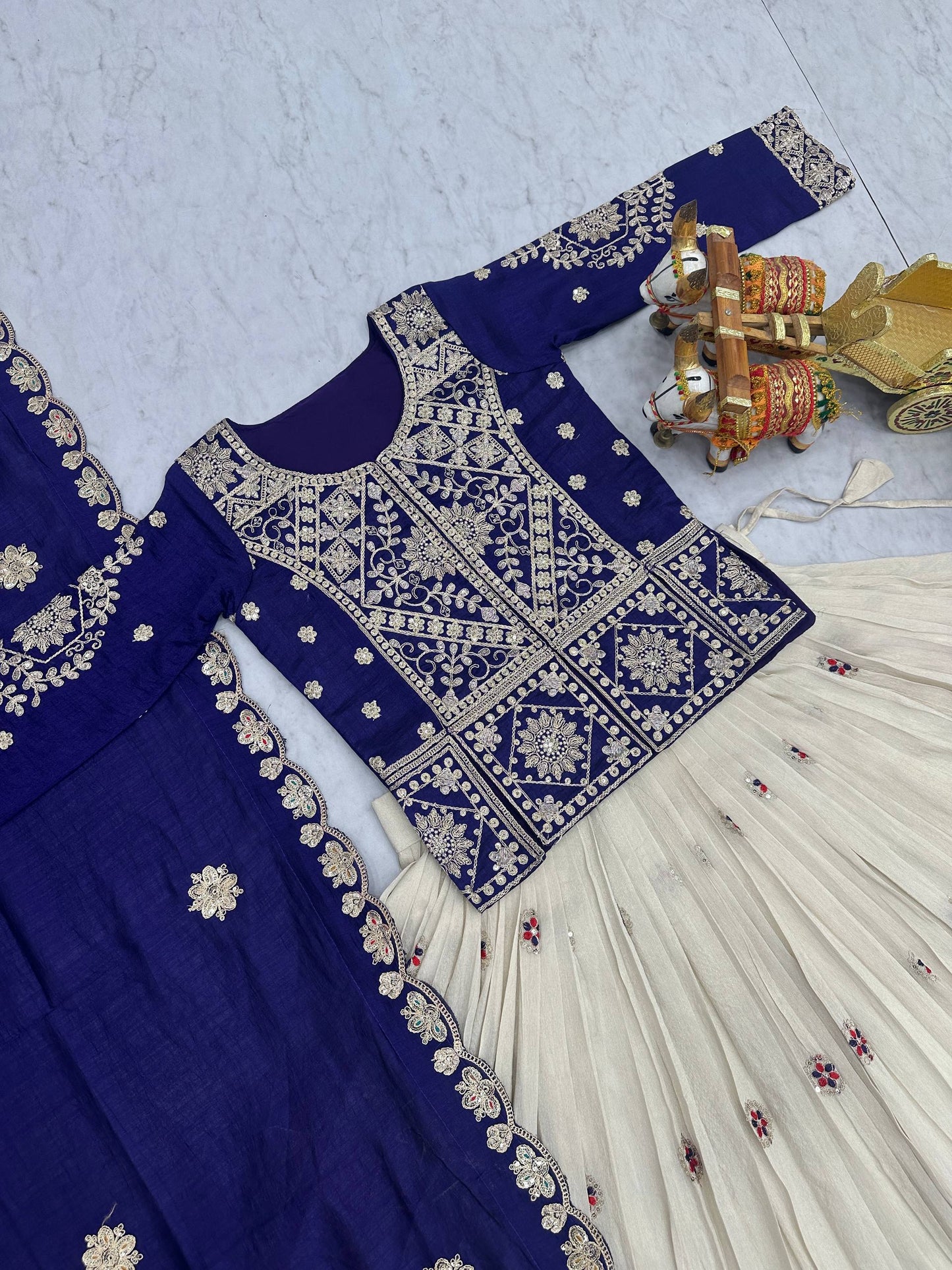 Glossy Blue Color Thread Embroidery Work Lehenga With Kurti