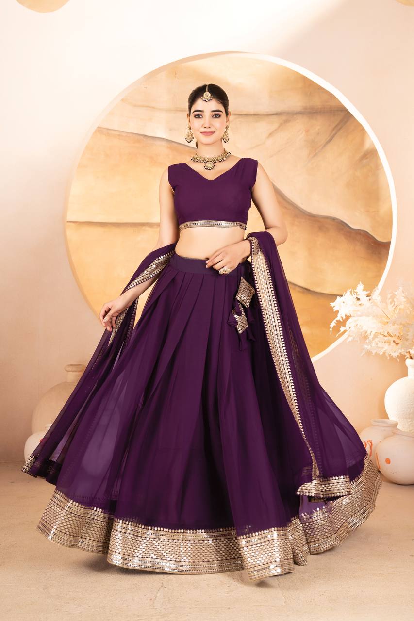 Wedding Wear Purple Color Faux Blooming With Sequins Embroidered Work Lehenga Choli