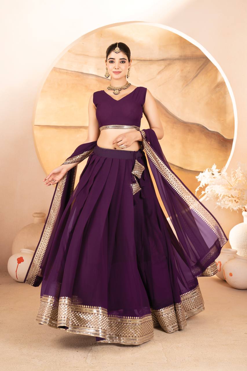 Wedding Wear Purple Color Faux Blooming With Sequins Embroidered Work Lehenga Choli