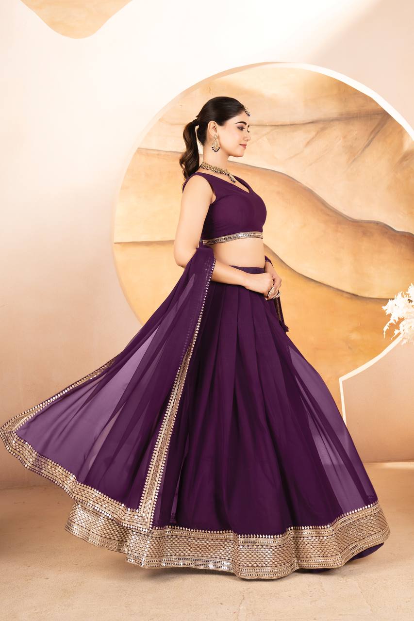 Wedding Wear Purple Color Faux Blooming With Sequins Embroidered Work Lehenga Choli