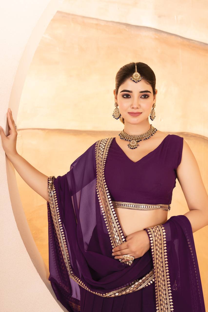 Wedding Wear Purple Color Faux Blooming With Sequins Embroidered Work Lehenga Choli