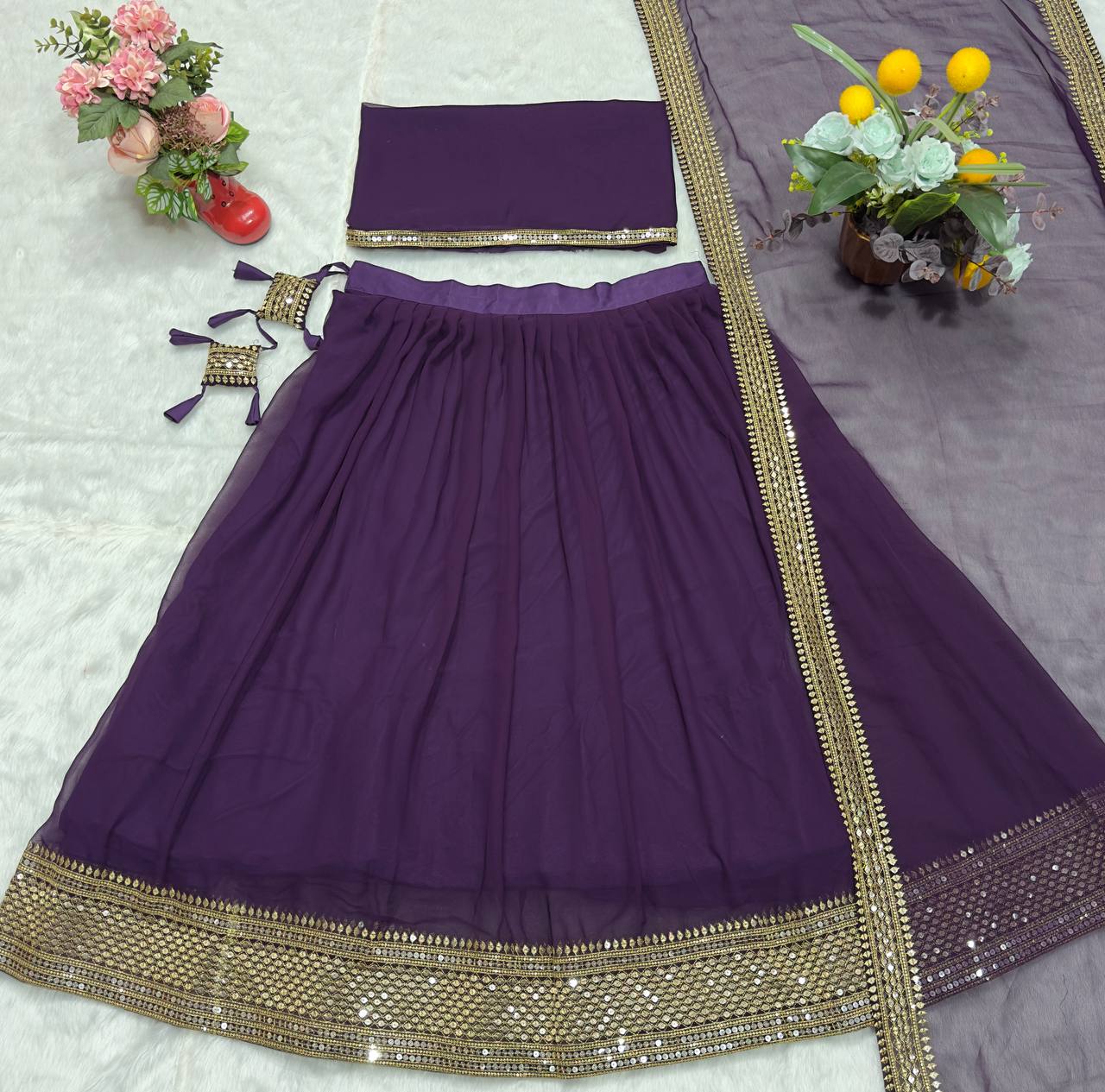 Wedding Wear Purple Color Faux Blooming With Sequins Embroidered Work Lehenga Choli