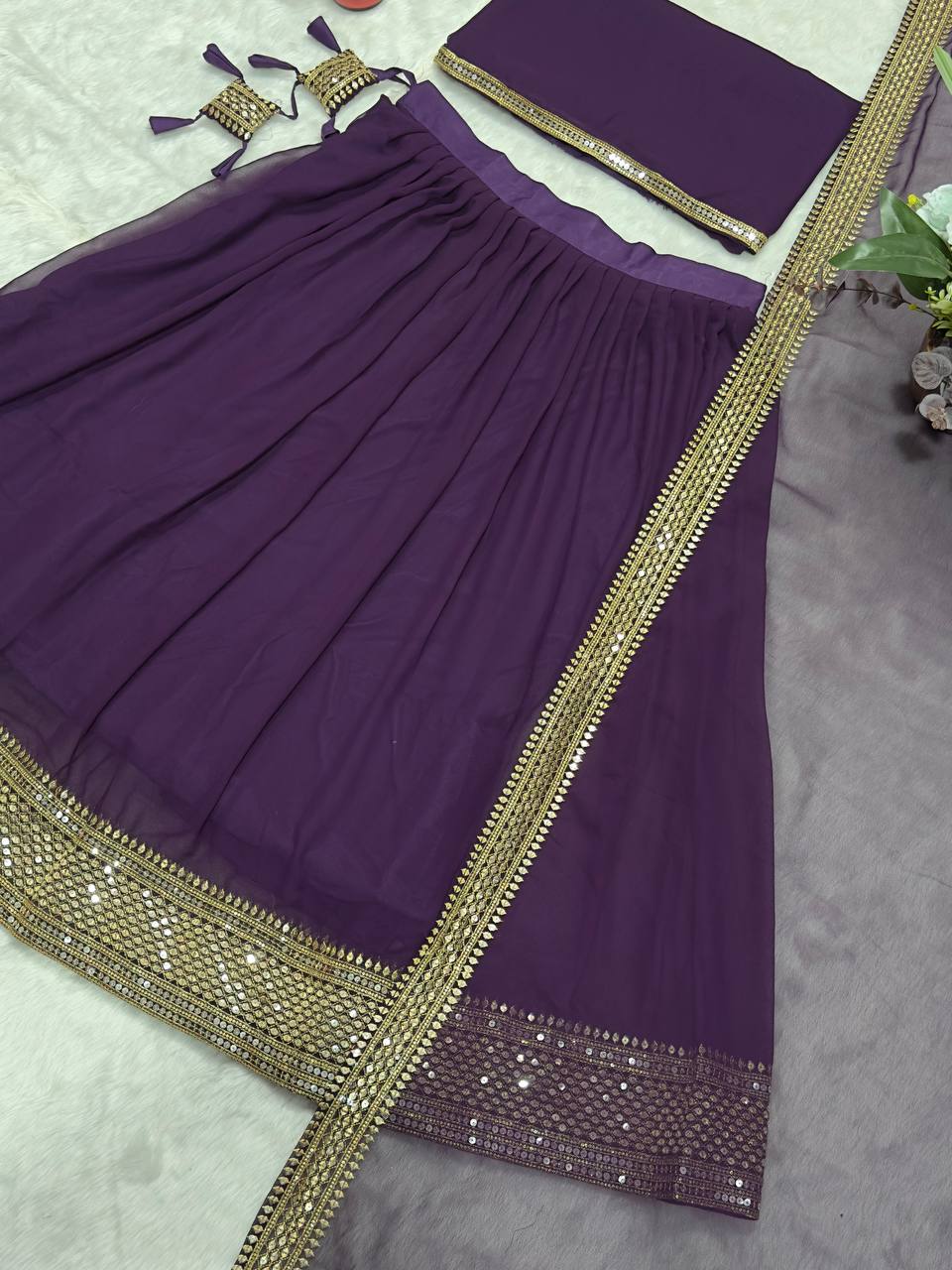 Wedding Wear Purple Color Faux Blooming With Sequins Embroidered Work Lehenga Choli