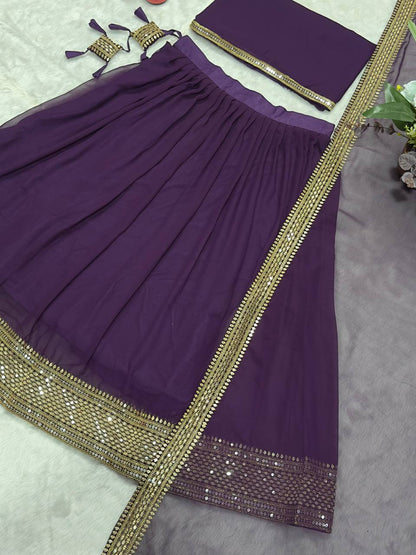 Wedding Wear Purple Color Faux Blooming With Sequins Embroidered Work Lehenga Choli