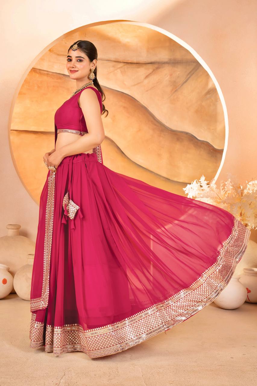 Wedding Wear Pink Color Faux Blooming With Sequins Embroidered Work Lehenga Choli