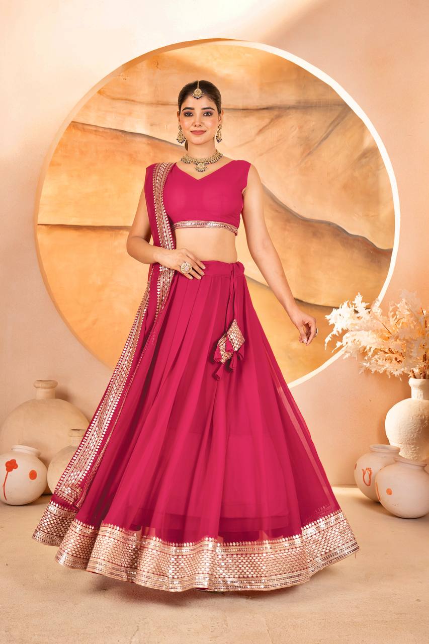 Wedding Wear Pink Color Faux Blooming With Sequins Embroidered Work Lehenga Choli