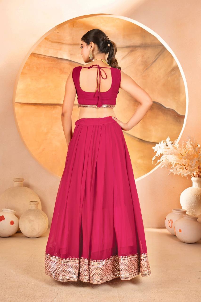Wedding Wear Pink Color Faux Blooming With Sequins Embroidered Work Lehenga Choli