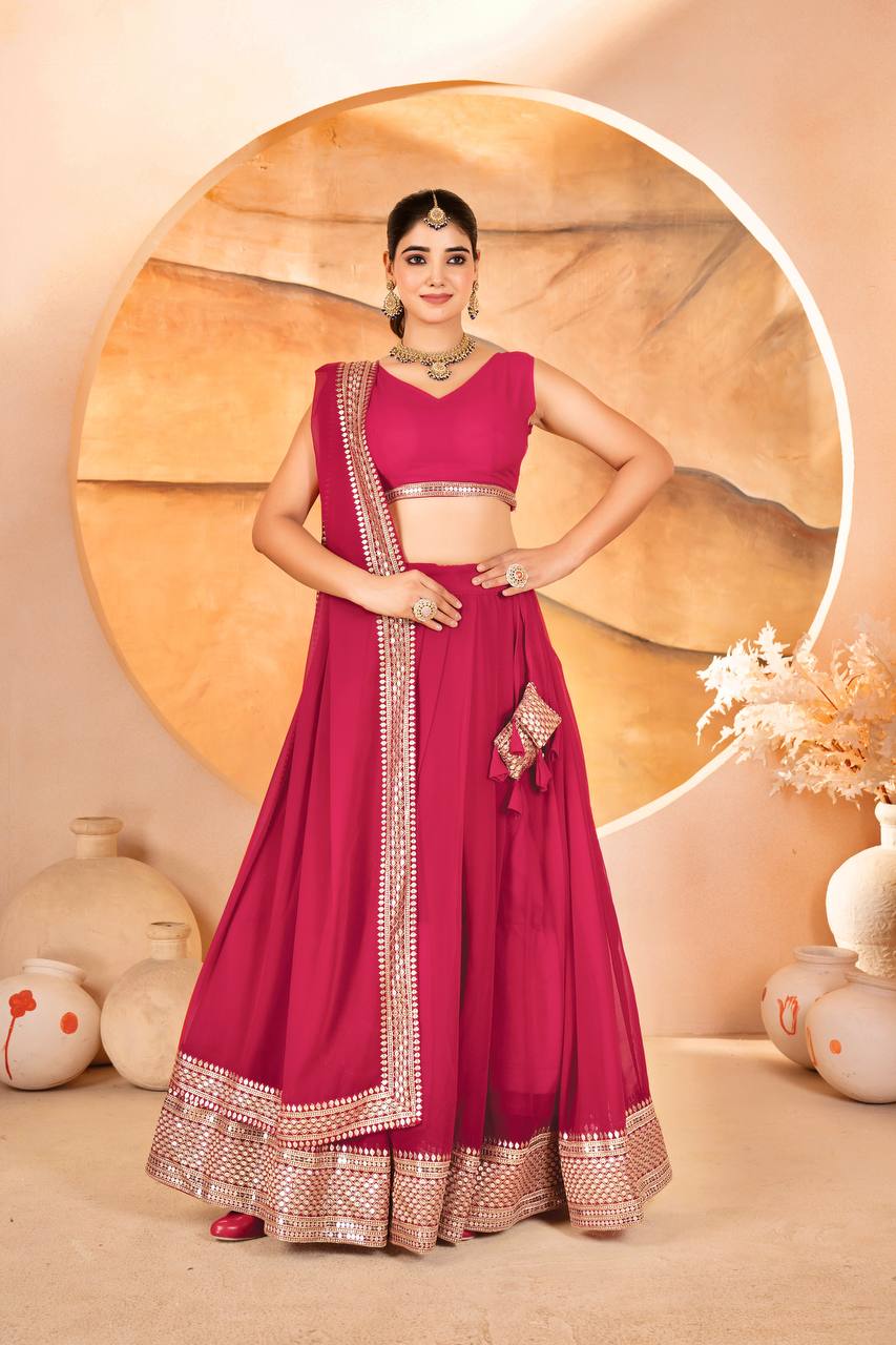 Wedding Wear Pink Color Faux Blooming With Sequins Embroidered Work Lehenga Choli