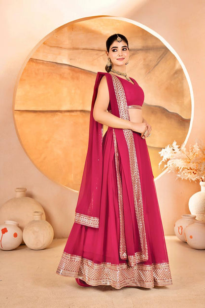 Wedding Wear Pink Color Faux Blooming With Sequins Embroidered Work Lehenga Choli