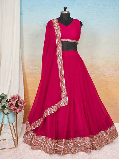 Wedding Wear Pink Color Faux Blooming With Sequins Embroidered Work Lehenga Choli