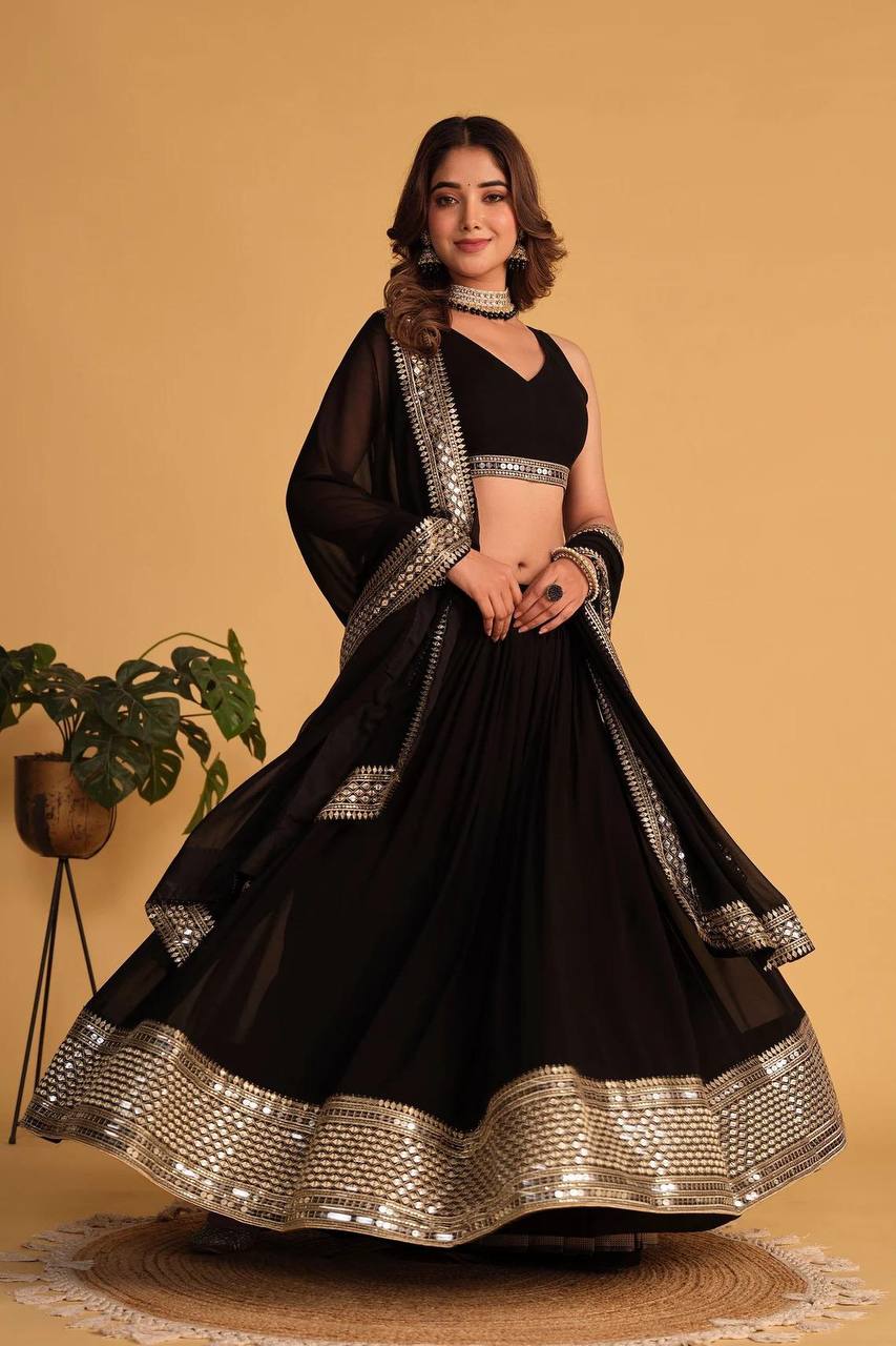 Wedding Wear Black Color Faux Blooming With Sequins Embroidered Work Lehenga Choli