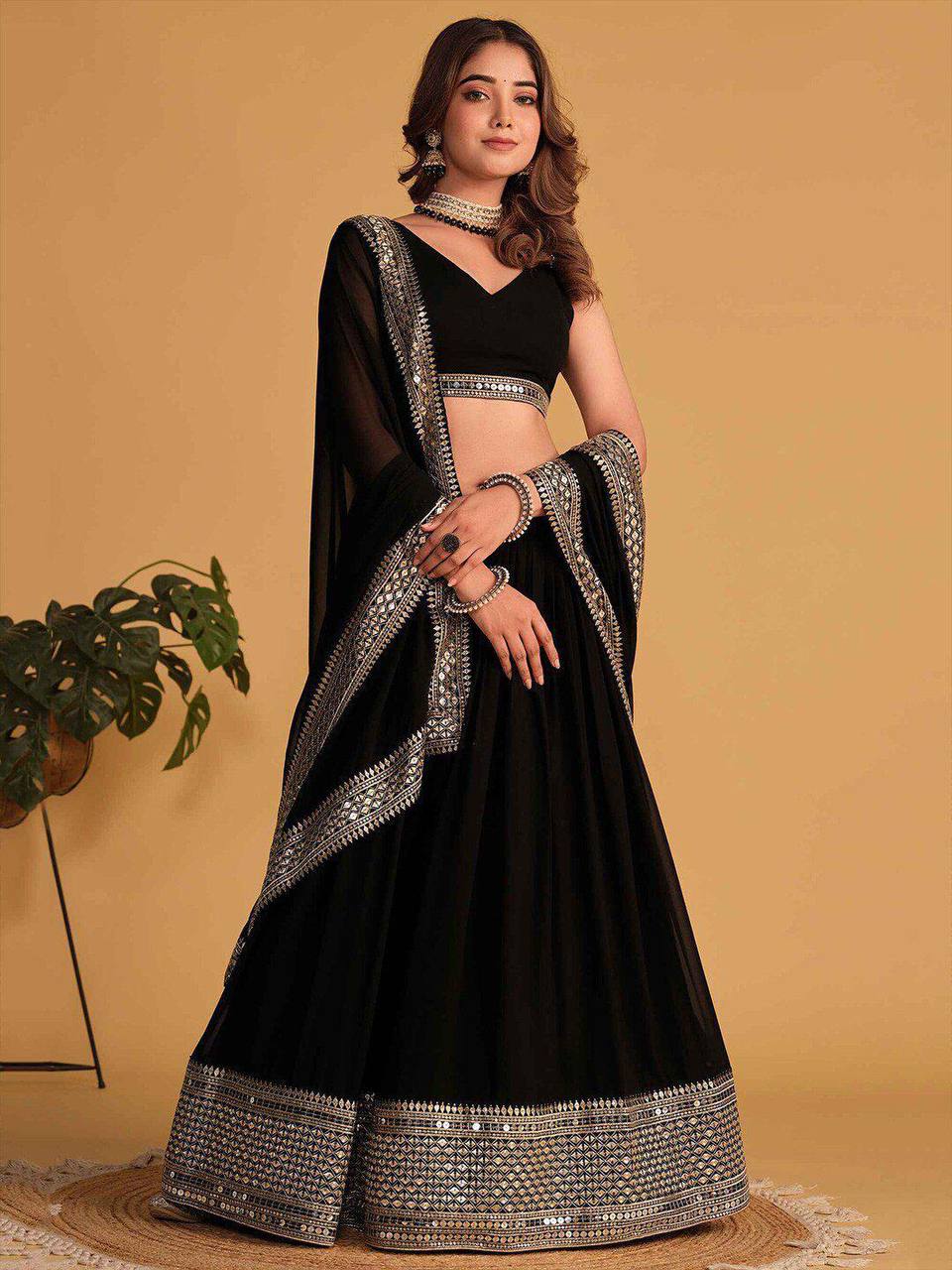 Wedding Wear Black Color Faux Blooming With Sequins Embroidered Work Lehenga Choli