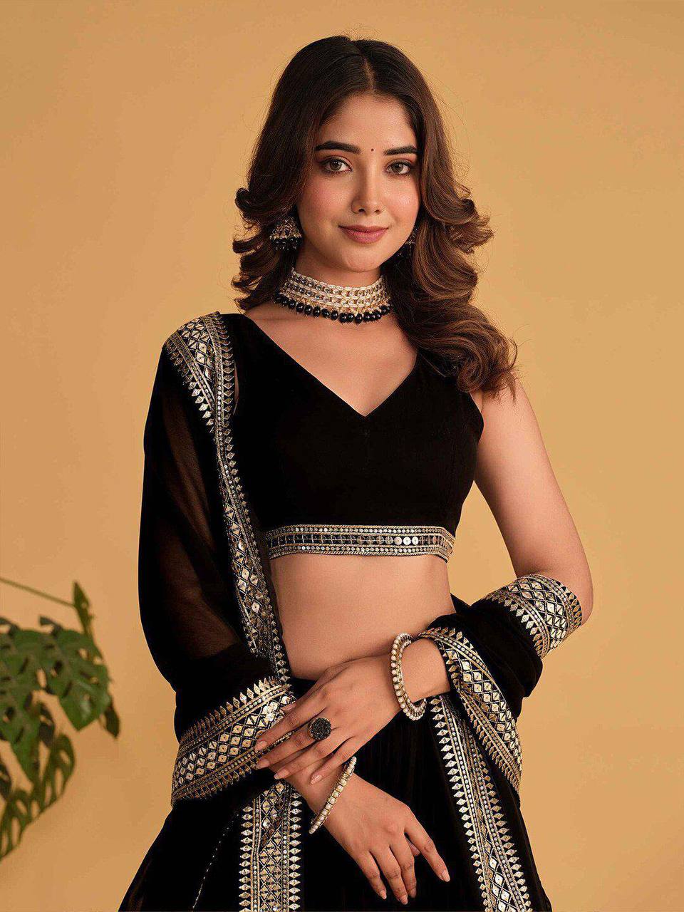 Wedding Wear Black Color Faux Blooming With Sequins Embroidered Work Lehenga Choli