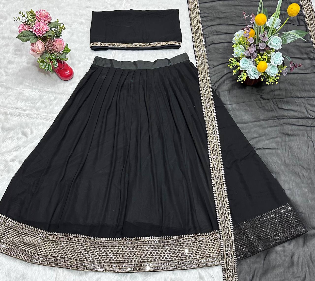 Wedding Wear Black Color Faux Blooming With Sequins Embroidered Work Lehenga Choli