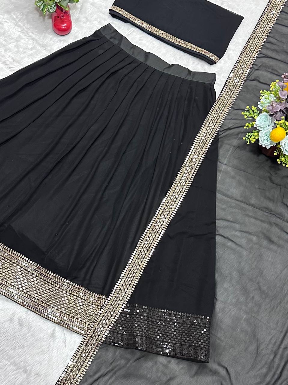 Wedding Wear Black Color Faux Blooming With Sequins Embroidered Work Lehenga Choli