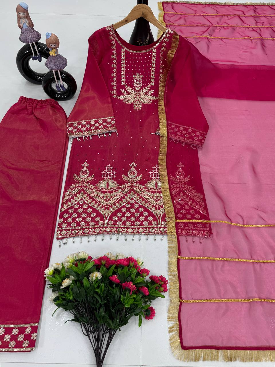 Wedding Wear Rose Pink Color Roman Shimmer Silk Embroidery Sequences Work Palazzo Suit
