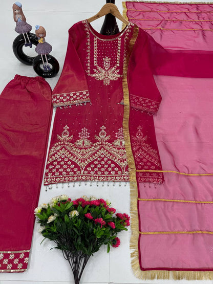Wedding Wear Rose Pink Color Roman Shimmer Silk Embroidery Sequences Work Palazzo Suit