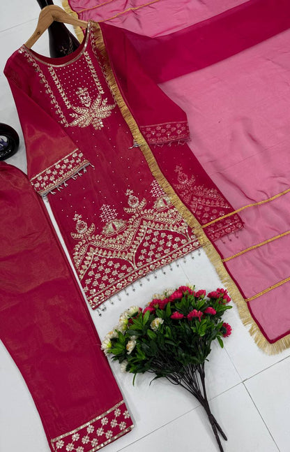 Wedding Wear Rose Pink Color Roman Shimmer Silk Embroidery Sequences Work Palazzo Suit