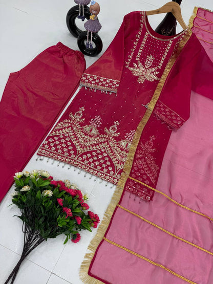 Wedding Wear Rose Pink Color Roman Shimmer Silk Embroidery Sequences Work Palazzo Suit