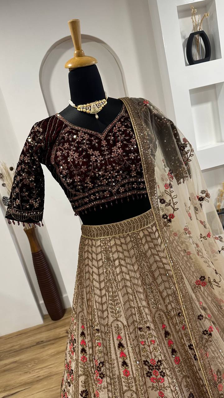 Engagement Wear Beige Color Heavy Kasturi Silk With Dori And Sequins With Thread Work Designer Bridal Lehenga Choli