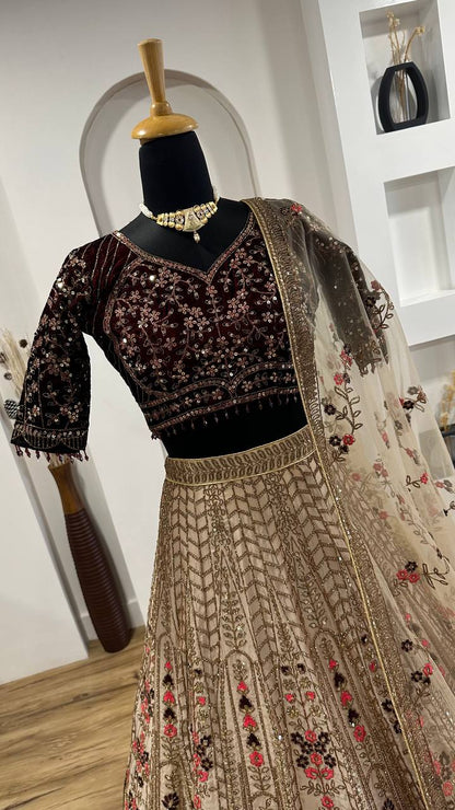 Engagement Wear Beige Color Heavy Kasturi Silk With Dori And Sequins With Thread Work Designer Bridal Lehenga Choli