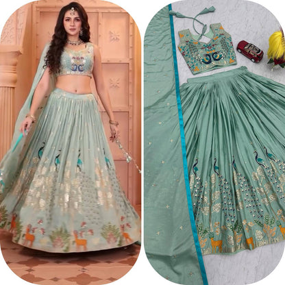 Garba Night Wear Sky Blue Color Pure Chinon With Heavy Thread And Sequence Work Lehenga Choli
