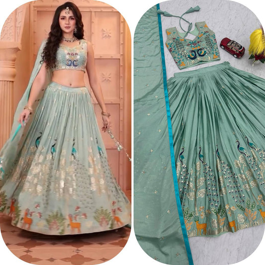 Garba Night Wear Sky Blue Color Pure Chinon With Heavy Thread And Sequence Work Lehenga Choli