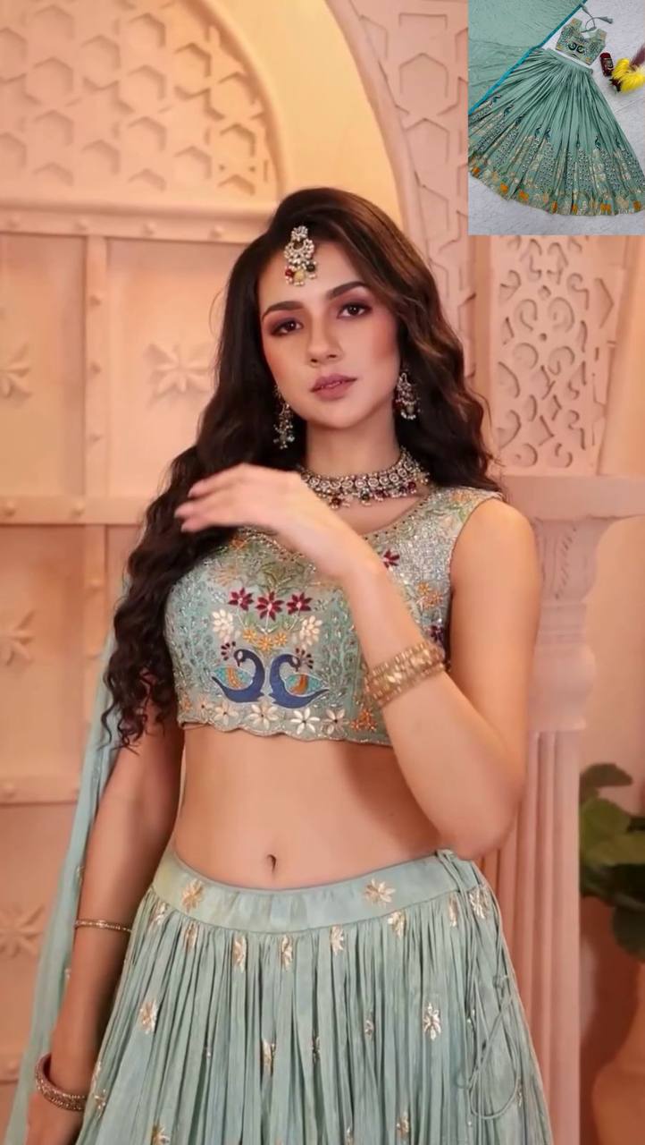Garba Night Wear Sky Blue Color Pure Chinon With Heavy Thread And Sequence Work Lehenga Choli