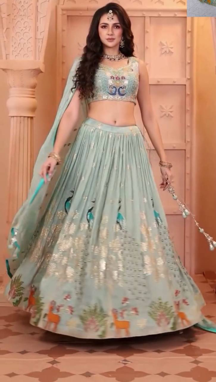 Garba Night Wear Sky Blue Color Pure Chinon With Heavy Thread And Sequence Work Lehenga Choli