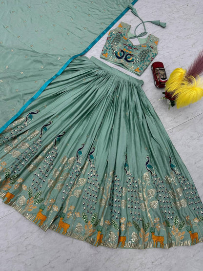 Garba Night Wear Sky Blue Color Pure Chinon With Heavy Thread And Sequence Work Lehenga Choli
