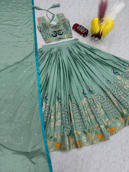 Garba Night Wear Sky Blue Color Pure Chinon With Heavy Thread And Sequence Work Lehenga Choli