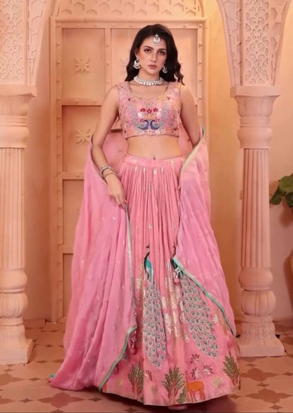 Garba Night Wear Peach Color Pure Chinon With Heavy Thread And Sequence Work Lehenga Choli