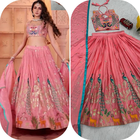 Garba Night Wear Peach Color Pure Chinon With Heavy Thread And Sequence Work Lehenga Choli