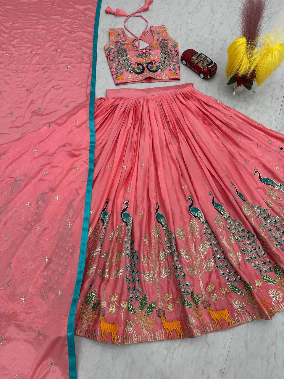 Garba Night Wear Peach Color Pure Chinon With Heavy Thread And Sequence Work Lehenga Choli