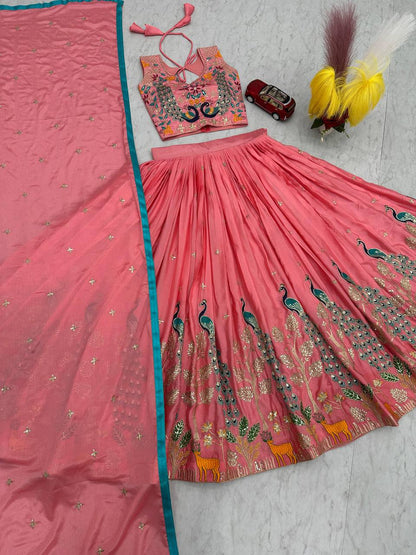 Garba Night Wear Peach Color Pure Chinon With Heavy Thread And Sequence Work Lehenga Choli