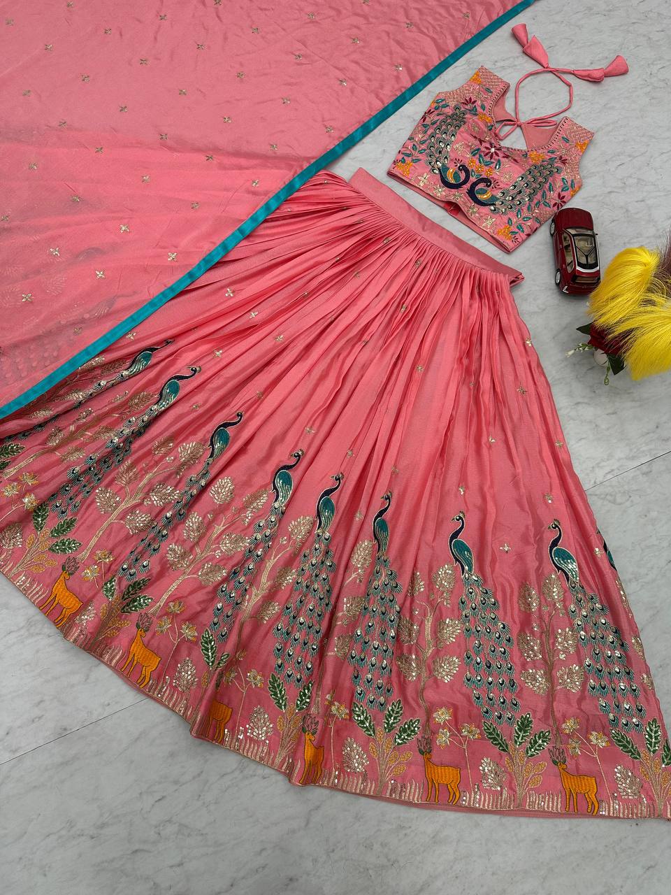 Garba Night Wear Peach Color Pure Chinon With Heavy Thread And Sequence Work Lehenga Choli