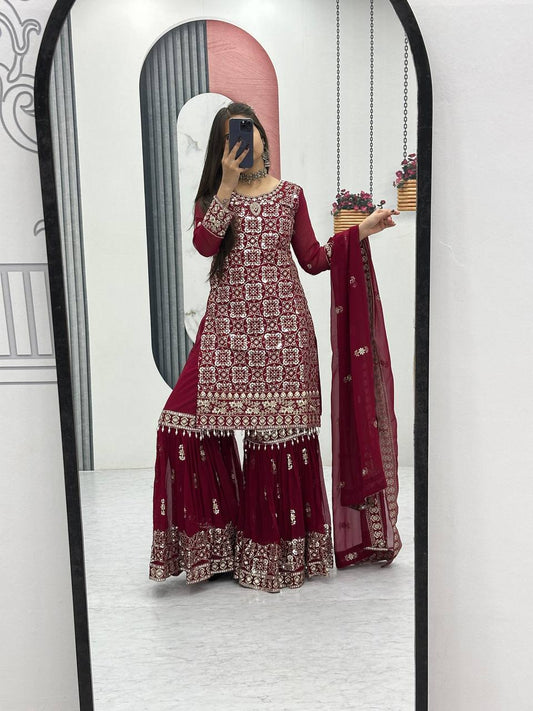 Ceremony Wear Maroon Color Faux Georgette Heavy Embroidery Thread Work Sharara Suit